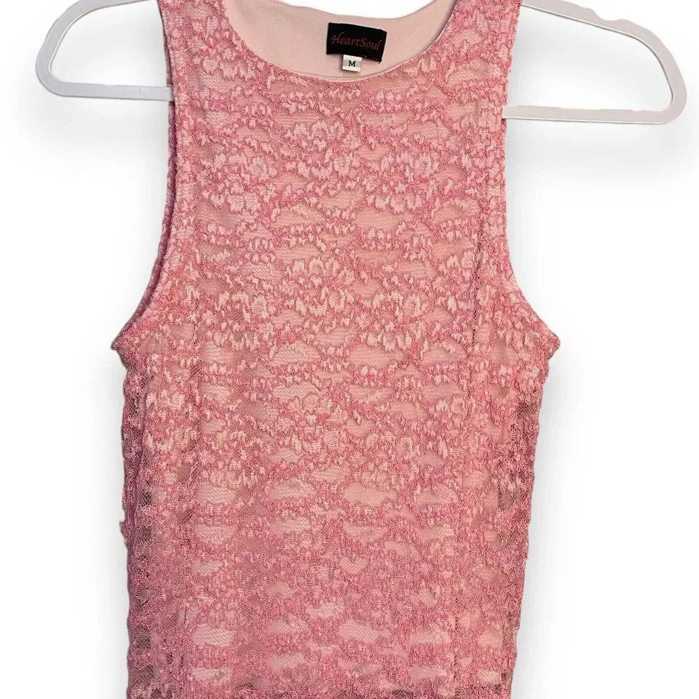 HeartSoul Tank Top Women's Medium Pink Floral Lace VTG Casual Lined Barbiecore